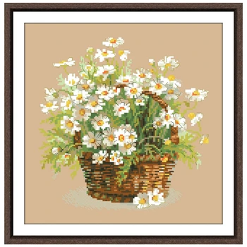 Krepšelio balta ramunė kryželiu rinkinys gėlių modelio dizainas 18ct 14ct linų spalvos drobė siuvinėjimui 