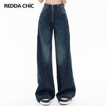 ReddaChic Draugu Moterų Baggy Jeans Blue Kratinys Aukšto Juosmens Žalias Apačia Plati, Kojos Negabaritinių Kelnės Kelnės Prarasti Čiuožėjas Drabužiai