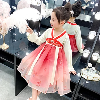 Hanfu sijonas veiklos drabužius 2020 nauja raudona Hanfu sijonas senovės Kinų stiliaus meno vaikų suknelė ilgomis rankovėmis