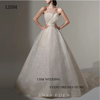 LISM Blizgučiai Korėja Linijos, Vestuvių Suknelės Nuotrauką šaudyti Stebėjimo Blizgančių Vestuvinės Suknelės Korsetas Atgal Valyti Traukinys