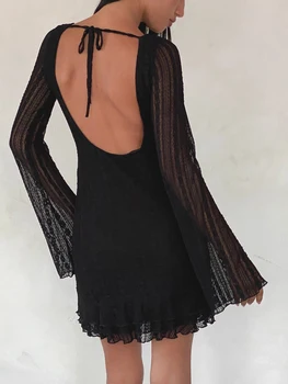 Suknelė Moterims Rudenį Mados 2023 ilgomis Rankovėmis Įgulos Kaklo vientisos Spalvos Slim Fit Trumpą Suknelę Bodycon Mini Suknelė