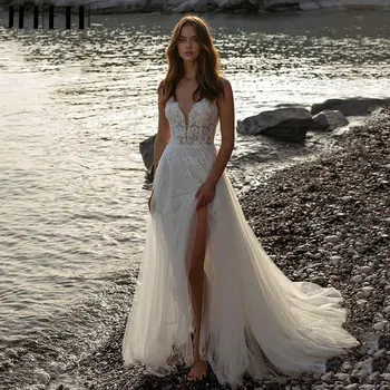 JEHETH Beach V-Kaklo Nėrinių Nuotakos Suknelės Žavinga Backless Rankovių Vestuvių Suknelės Pusėje Plyšine Linija, Vestidos De Novia Užsakymą