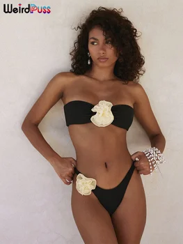 Keista Puss Beach 2 dalių Rinkinys Moterims Seksualus Vasaros Atostogų Prašmatnus Gėlių Korsetas, Viršuje+Kelnės Elegantiškas Y2K Tendencija Clubwear Šalies maudymosi kostiumėlį