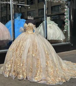 Šampanas Princesė Quinceanera Suknelės Nėriniai 3D Gėlių Appliques Nėriniai-up Bažnyčios Traukinio Saldus 16 Prom Meksikos Vestidos De 15