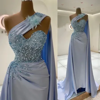 Elegantiškas Plunksnos Blue Undinė Vakarinę Suknelę Moteris Blizgančių Blizgančiais Rankovių Prom Chalatai Oficialus Vakarėlis Suknelės