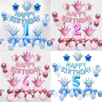 1 rinkinys, mėlynos, rausvos karūnos gimtadienis skaičius aliuminio folija balionas berniukas mergaitė vienerių metų gimtadienio vakarėlis, baby shower apdaila