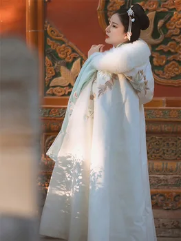Kinijos Hanfu Apsiaustu Moterų Derliaus Šiltas, Prašmatnus Siuvinėjimo Gobtuvu Žaliojo Kailis Senovės Rudens Žiemos Cosplay Princesė Paltas
