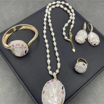 Baroko Perlas Turmalinas Papuošalų Rinkiniai Aukso Spalvos Natrual Gėlo vandens Nereguliarus Crystal Pearl Perlas Lašas Auskarai Moterims Rodyti