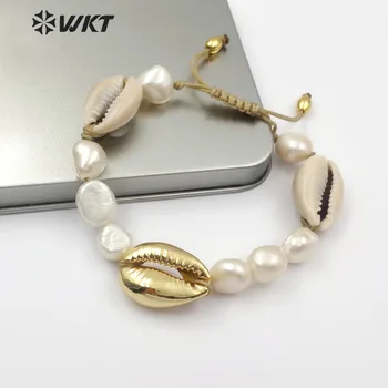 WT-B455 Natūralių gėlavandenių Perlų Apyrankė fizinis apvalkalas Su Aukso Artimųjų Vieną Rankų darbo Karoliukai, Apyrankės Skanėstas Perlų Papuošalai