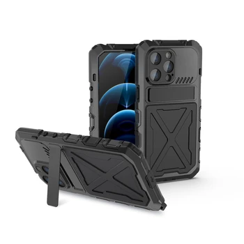 Prabangus Metalinis gaubtas Šarvai Sunkiųjų iPhone 14 Pro Max Plus Atveju Built-in Screen Protector, atsparus smūgiams Telefono dėklas Coque Fundas