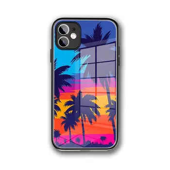 Paplūdimio scena, ant jūros palmių saulėlydžio Telefono dėklas Stiklo iPhone 12 11Pro Max Mini Pro XR XS MAX 8X 7 6S 6 Plius telefono dėklas