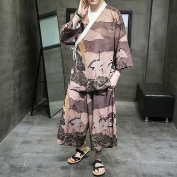 2024 m. Vyrų Kimono Marškinėliai Kelnės Atsitiktinis Atidaryti Dygsnio Japonijos Streetwear Outwear Vyras Mada Japonų Stiliaus Yukata Viršūnes Nustatyti Vyras