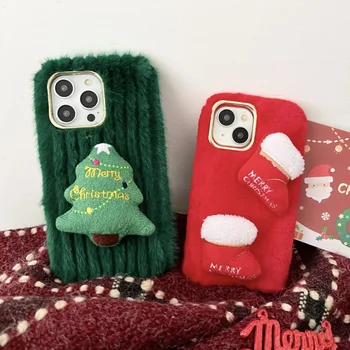 Minkštas Pūkuotas Pūkuotas Pliušinis Kalėdų Telefono dėklas Skirtas iPhone 15 14 13 12 11 Pro Max Šiltos Žiemos Kalėdų Medžio Kojinių atsparus smūgiams Telefono Dangtelį