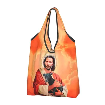 Custom Jėzus Saint Meme Keanu Reeves Pirkinių Maišeliai Moterų Nešiojamų Didelės Talpos, Bakalėjos Shopper Totalizator Krepšiai