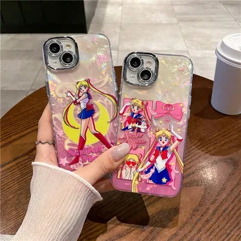 Anime S-Sailor Moon Usagi Tsukino Telefono dėklas Skirtas iPhone 15 14 13 12 11 Pro Max Blizgus korpuso Modelis 15Pro Su Objektyvo kino Dangtis