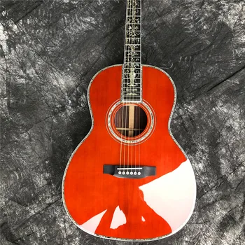 Custom 39 Cm Raudonas Kietas Eglės OOO Tipo Akustinė Gitara Abalone Gėlės Juodmedžio Intarpais Fingerboard
