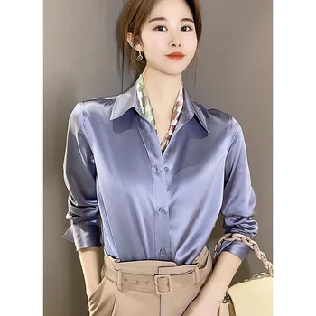 Aukštos Kokybės, Prabangos Office Lady Marškiniai, Elegantiškas Mygtuką Iki Šilko Imitacijos Satino Palaidinė Moterims Korėjos Ilgomis Rankovėmis Verslo Marškinėliai