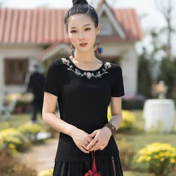 2024 m. kinijos tradicinės o-kaklo marškinėliai moterims nacionalinės gėlių siuvinėjimas etninės marškinėliai rytietišką tango kostiumas kinijos retro bazės marškinėliai