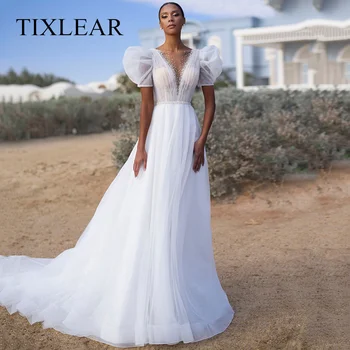 TIXLEAR A-Line Wedding Dress O-Kaklo Tiulio Perlai Trumpas Sluoksniuotos Rankovėmis ir Mygtuką Atgal Grindų Ilgis Nuotakos Suknelė Vestidos De Noiva Naujas