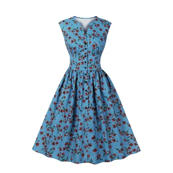 SISHION Mėlynasis V-Kaklo Aukštos Juosmens Rockabilly Gėlių Suknelė Vintage Moterys Vasarą Vieną Krūtinėmis Plisuotos Ilgos Suknelės SR632