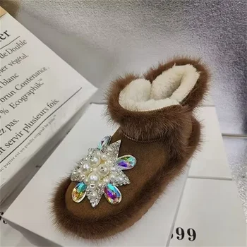 Fox plaukų batai Retro žiemos plius fleece šilti batai Pearl rhindiamonds rankų darbo custom kailio vientisas batai moterų 36-40