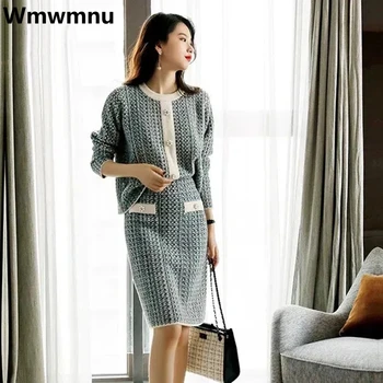 Korėjos Prašmatnus Megzti Sijonai 2 Gabalas Rinkinių, Elegantiškas Moterų Megztinis + Office Lady Mini Faldas Apranga Derliaus Trikotažas Sijonas Conjuntos