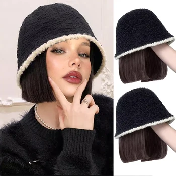 Sintetinių skrybėlę perukas moterų trumpi tiesūs plaukai, šiltas minkštas megzti rudens ir žiemos skrybėlę karščiui atsparaus perukas tinka moterims dėvėti.