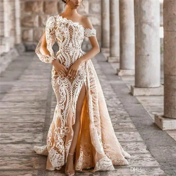 Nėriniai Appliques Šampano Undinė Vestuvių Suknelės Vienos Pečių Vestuvinės Suknelės pagal Užsakymą Pagaminti Pusės Split Elegantiškas Vestido de novia