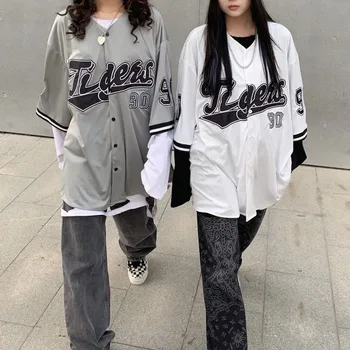 Deeptown Beisbolo Marškinėliai Moterims ir Vyrams Hippe Derliaus korėjos Negabaritinių Stiliaus Hip-Hop Streetwear Trumpas Pusė Rankovėmis Mygtuką Iki Palaidinė